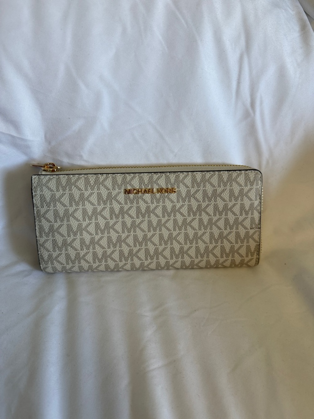 Michael Kors Beige Signature MK Zip Wallet with Gold-Tone Logo